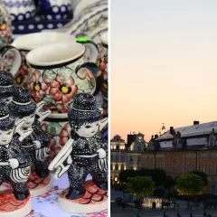 Bolesławiec atrakcje: ceramiczne figurki i urokliwy rynek o zachodzie słońca.