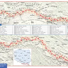 Mapa GSB szlak, pokazująca przebieg Głównego Szlaku Beskidzkiego z zaznaczonymi odcinkami i miejscowościami.