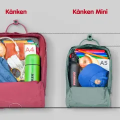 Porównanie kanken plecak rozmiary: większy mieści A4, mniejszy A5. Oba pełne akcesoriów.