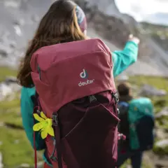 Plecak deuter z żółtym kwiatem, idealny na górskie wędrówki. Co to jest deuter? To marka sprzętu turystycznego.