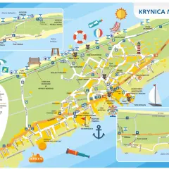 Mapa Krynicy Morskiej z zaznaczonymi atrakcjami: plaże, porty, ścieżki rowerowe, punkty widokowe.