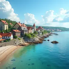 Malownicze domy nad turkusowym morzem, idealne miejsce, by znaleźć, gdzie najtaniej nad morzem. Piękna plaża i spokojna woda.