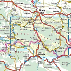 Mapa turystyczna **Beskidu Sądeckiego** z zaznaczonymi drogami, miejscowościami i parkami narodowymi.