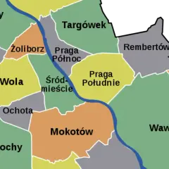 Mapa przedstawiająca podział na dzielnice Warszawy: Bielany, Bemowo, Wola, Żoliborz, Śródmieście, Ochota, Ursus, Włochy, Mokotów, Praga Północ, Praga Południe, Targówek, Rembertów, Wesoła, Wawer.