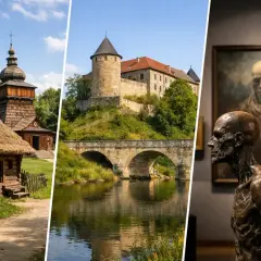 Drewniana cerkiew, kamienny most i zamek nad rzeką, a w tle galeria sztuki. Odkryj **Sanok atrakcje**!