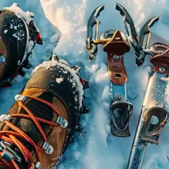 Zimowe buty trekkingowe z założonymi raczkami i obok leżące raki na buty, gotowe do wspinaczki po lodzie.