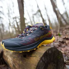Buty trekkingowe La Sportiva na pniu w lesie. Sprawdź, czy la sportiva rozmiarówka pasuje do Twoich stóp.