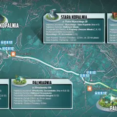 Mapa atrakcji Wałbrzycha: Zamek Książ, Stara Kopalnia, Muzeum Porcelany, Palmiarnia. Trasy i połączenia autobusowe.