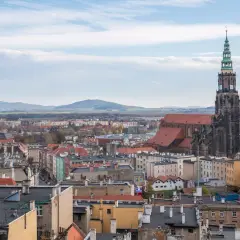 Widok na Świdnicę z dominującą wieżą katedry. Miasto oferuje wiele atrakcji, w tym zabytkową architekturę i malownicze krajobrazy.