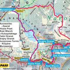 Mapa Orlej Perci z zaznaczonymi szczytami i ich wysokością, np. Kozi Wierch 2100 m.