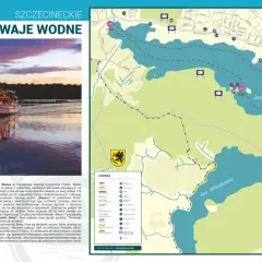 Szczecinek atrakcje: mapa z tramwajami wodnymi po Jeziorze Trzesiecko i Wilczkowo, statki "Bayern" i "Księżna Jadwiga".
