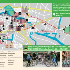 Mapa Wrocławia z zaznaczoną trasą rowerową. Gdzie pójść we Wrocławiu? Zobacz 30 atrakcji, Rynek, Ostrów Tumski, Most Grunwaldzki.
