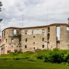 Zamek w Janowcu, ruiny zamku z czerwono-białymi pasami na wieży, otoczone zielenią.