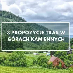 Widok na zalesiony zbocze góry Waligóra. W oddali widać pasmo górskie i kilka domów. Tekst: "3 propozycje tras w Górach Kamiennych".