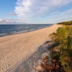 Piękna plaża w Mrzeżynie, idealne miejsce na relaks. W oddali widać ludzi spacerujących brzegiem morza, a na wydmach rosną sosny. To jedne z wielu mrzeżyno atrakcji.