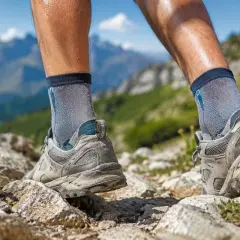 Nogi w butach trekkingowych i skarpety w góry, stawiające pierwsze kroki na kamienistym szlaku.