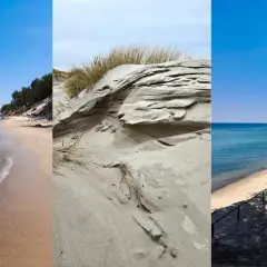 Trzy ujęcia dzikiej plaży: spokojne morze, piaszczyste wydmy z trawami i las sosnowy nad brzegiem.