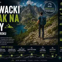 Turysta z plecakiem na szlaku w Tatrach, w tle jezioro i góry.