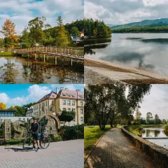 Malownicze widoki i atrakcje Wisły: park z mostkiem, jezioro, napis "WISŁA" z rowerzystami i urokliwa ścieżka nad rzeką.