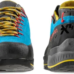 Buty La Sportiva TX4 Evo w kolorze niebieskim z żółtymi sznurówkami i czerwonymi akcentami. Idealne na górskie wędrówki.