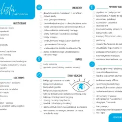 Lista rzeczy do spakowania: odzież, obuwie, elektronika, dokumenty, finanse, leki, kosmetyki, dodatki.