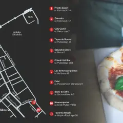 Mapa Sopotu z zaznaczonymi miejscami, gdzie zjeść. Obok pyszna pizza.