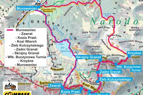 Mapa Orlej Perci z zaznaczonymi szczytami i ich wysokością, np. Kozi Wierch 2100 m.
