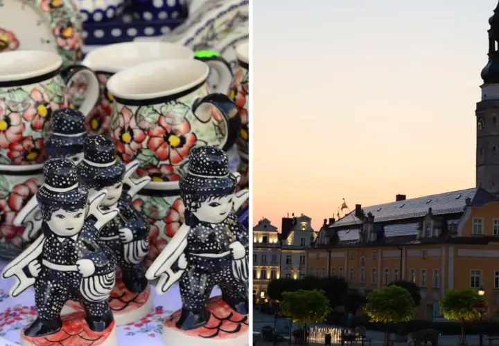 Bolesławiec atrakcje: ceramiczne figurki i urokliwy rynek o zachodzie słońca.