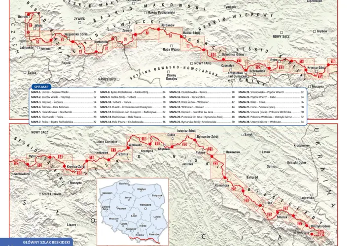 Mapa GSB szlak, pokazująca przebieg Głównego Szlaku Beskidzkiego z zaznaczonymi odcinkami i miejscowościami.