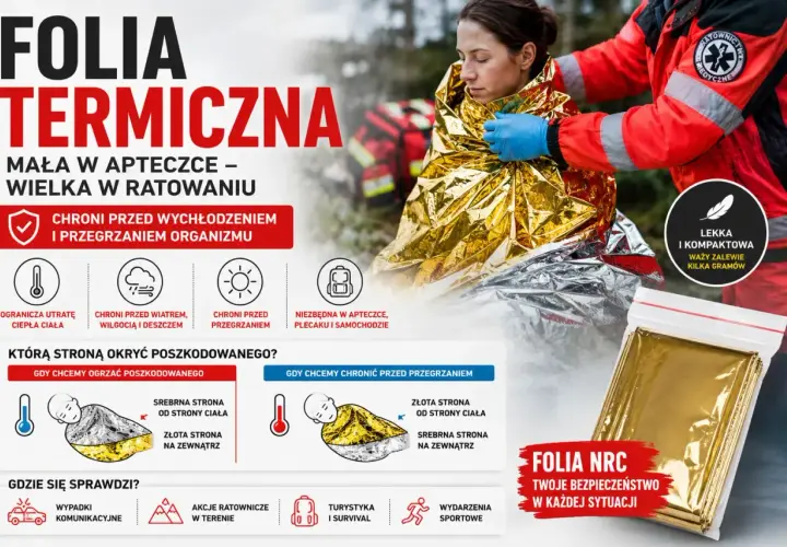 Folia termiczna: jak używać, by chronić przed wychłodzeniem i przegrzaniem. Złota strona do ciała dla ogrzania, srebrna na zewnątrz dla ochrony przed słońcem. Niezbędna w apteczce.
