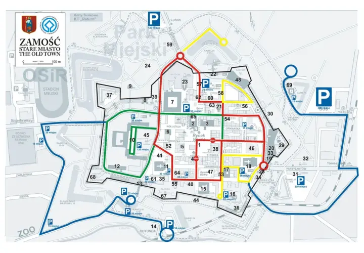 Mapa Zamościa z zaznaczonymi trasami spacerowymi i parkingami. Odkryj zamość atrakcje i zaplanuj zwiedzanie.
