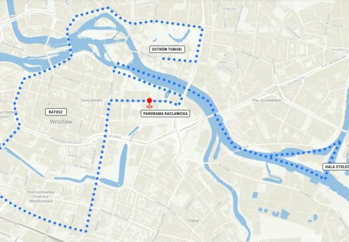 Wrocław plan zwiedzania: trasa obejmuje Ostrów Tumski, Ratusz, Panoramę Racławicką i Halę Stulecia.