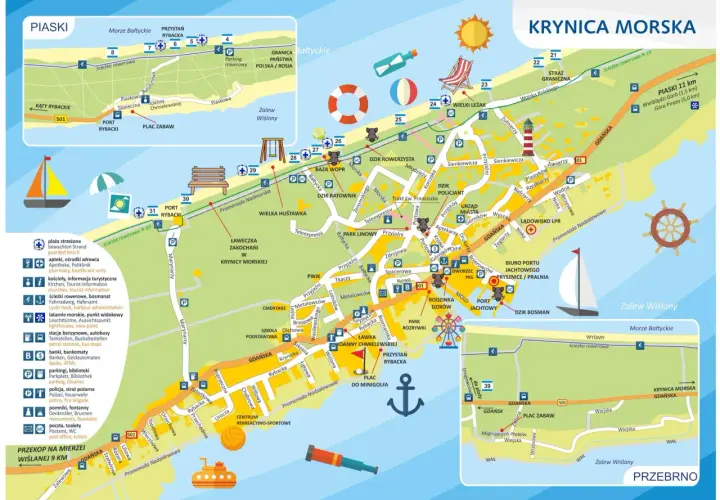 Mapa Krynicy Morskiej z zaznaczonymi atrakcjami: plaże, porty, ścieżki rowerowe, punkty widokowe.