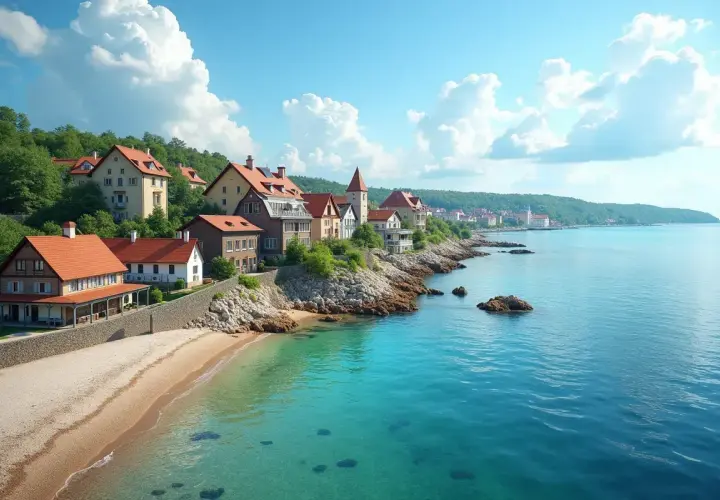 Malownicze domy nad turkusowym morzem, idealne miejsce, by znaleźć, gdzie najtaniej nad morzem. Piękna plaża i spokojna woda.