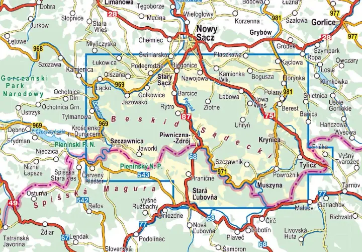 Mapa turystyczna **Beskidu Sądeckiego** z zaznaczonymi drogami, miejscowościami i parkami narodowymi.