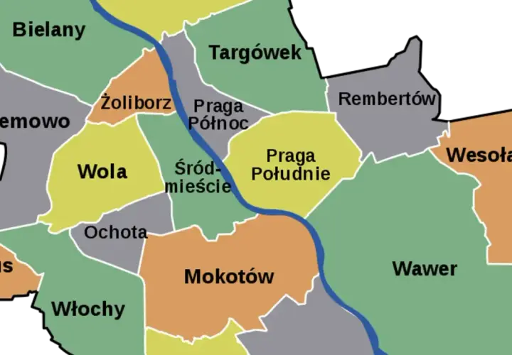 Mapa przedstawiająca podział na dzielnice Warszawy: Bielany, Bemowo, Wola, Żoliborz, Śródmieście, Ochota, Ursus, Włochy, Mokotów, Praga Północ, Praga Południe, Targówek, Rembertów, Wesoła, Wawer.