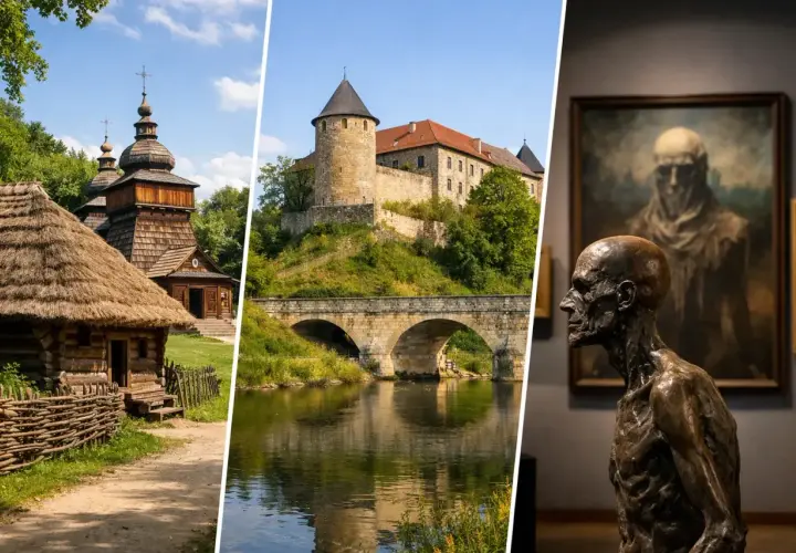 Drewniana cerkiew, kamienny most i zamek nad rzeką, a w tle galeria sztuki. Odkryj **Sanok atrakcje**!