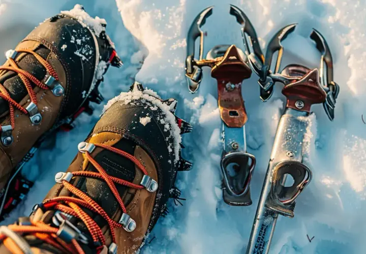 Zimowe buty trekkingowe z założonymi raczkami i obok leżące raki na buty, gotowe do wspinaczki po lodzie.