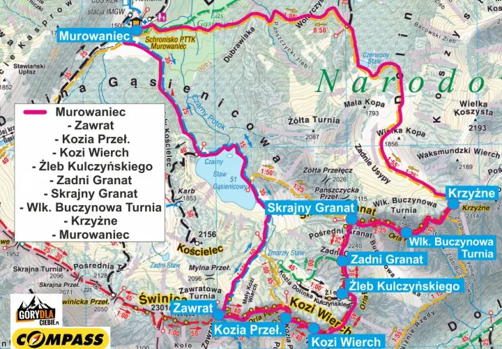 Mapa Orlej Perci z zaznaczonymi szczytami i ich wysokością, np. Kozi Wierch 2100 m.