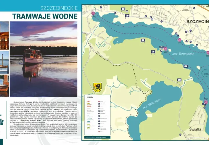 Szczecinek atrakcje: mapa z tramwajami wodnymi po Jeziorze Trzesiecko i Wilczkowo, statki "Bayern" i "Księżna Jadwiga".