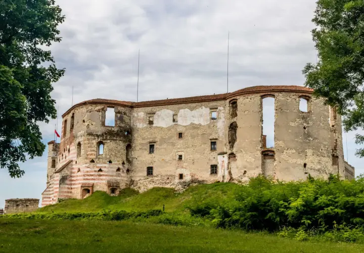 Zamek w Janowcu, ruiny zamku z czerwono-białymi pasami na wieży, otoczone zielenią.