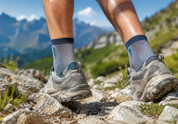 Nogi w butach trekkingowych i skarpety w góry, stawiające pierwsze kroki na kamienistym szlaku.