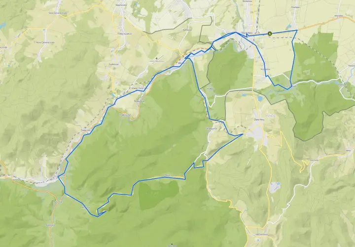 Mapa turystyczna z zaznaczoną trasą wokół Głuchołaz. Atrakcje przyrodnicze i miejscowości na trasie.