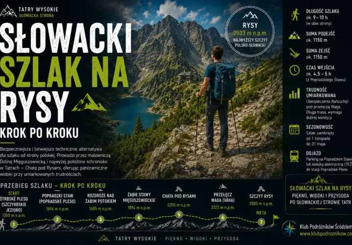 Turysta z plecakiem na szlaku w Tatrach, w tle jezioro i góry.