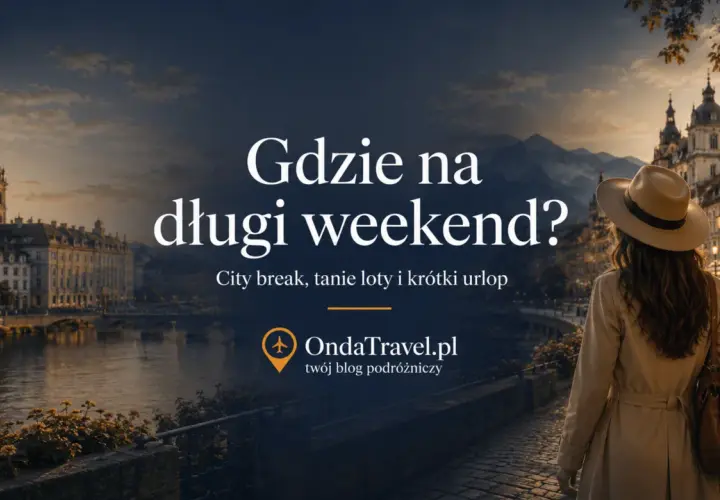 Kobieta w kapeluszu spaceruje po urokliwej uliczce miasta, zastanawiając się, gdzie spędzić **długi weekend**. City break, tanie loty i krótki urlop.