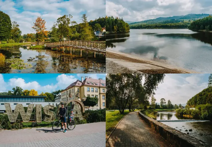 Malownicze widoki i atrakcje Wisły: park z mostkiem, jezioro, napis "WISŁA" z rowerzystami i urokliwa ścieżka nad rzeką.
