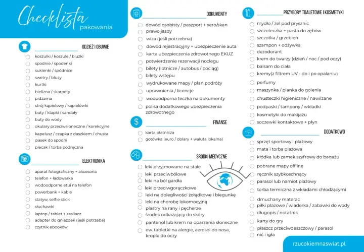 Lista rzeczy do spakowania: odzież, obuwie, elektronika, dokumenty, finanse, leki, kosmetyki, dodatki.