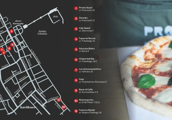 Mapa Sopotu z zaznaczonymi miejscami, gdzie zjeść. Obok pyszna pizza.