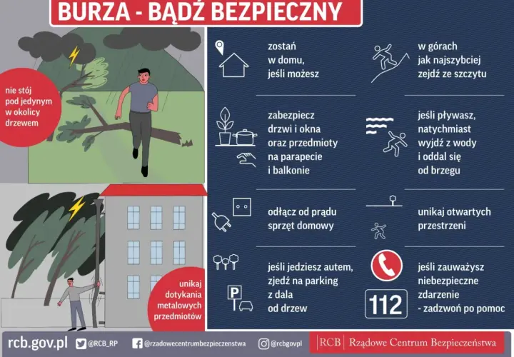 Burza w górach! Unikaj drzew i otwartych przestrzeni. Zabezpiecz dom, odłącz sprzęt. W razie potrzeby zadzwoń pod 112.