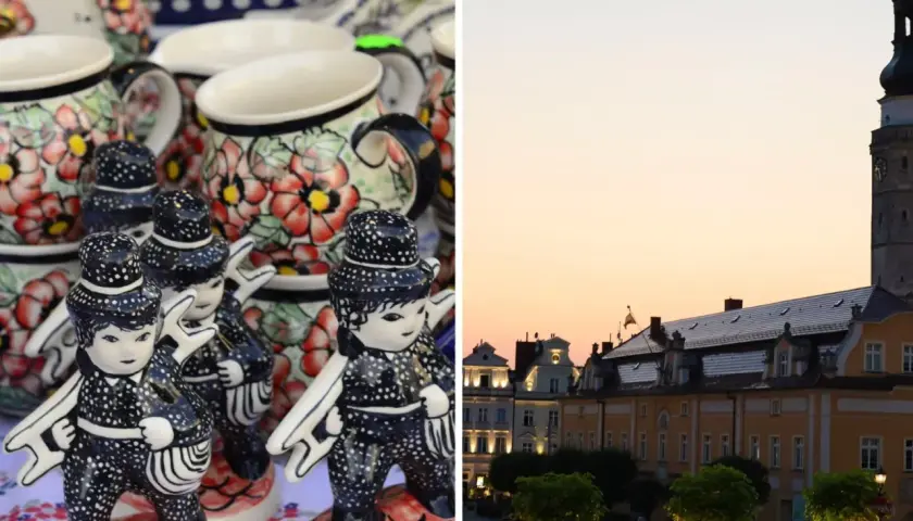 Bolesławiec atrakcje: ceramiczne figurki i urokliwy rynek o zachodzie słońca.